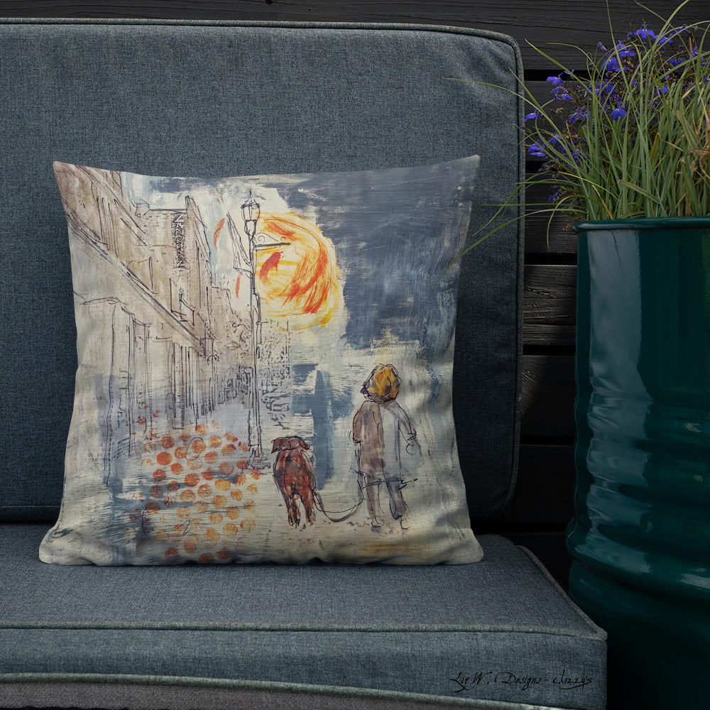 A Walk with My Friend - Artful, Decorative Throw Pillow with lady walking brown dog on downtown sidewalk. Original art on pillow.