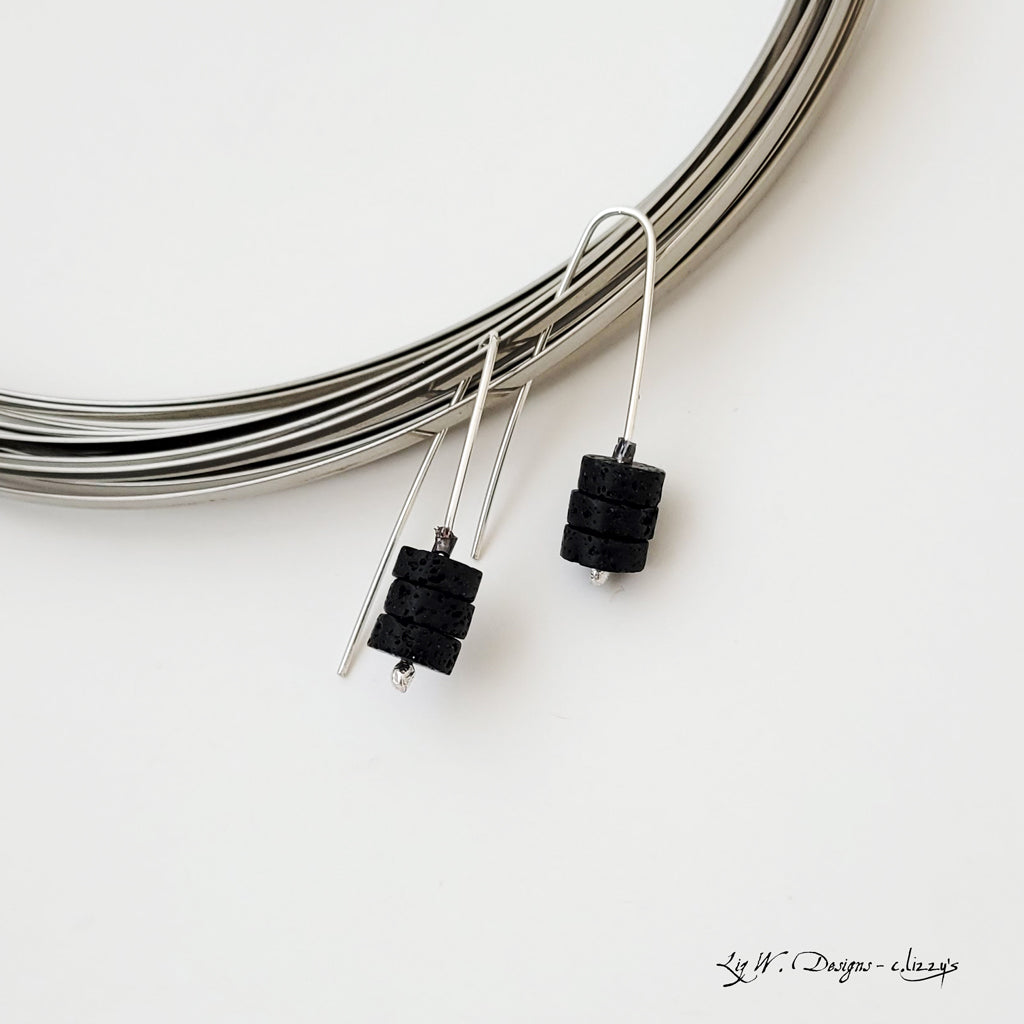 Agate Stack in Charcoal Cylinders - Handmade Sterling Earrings