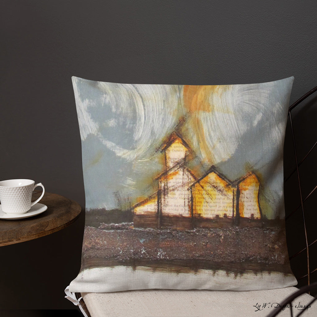 Beauty in the Sky Above I - Artful, Decorative Throw Pillow with blue skies above prairie landscape and elevators and grain sheds. Original art on pillow.
