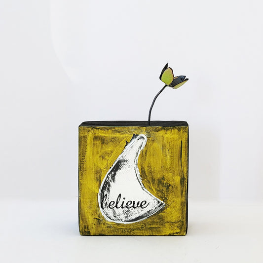 Believe with Lime Green Flower - Art Block