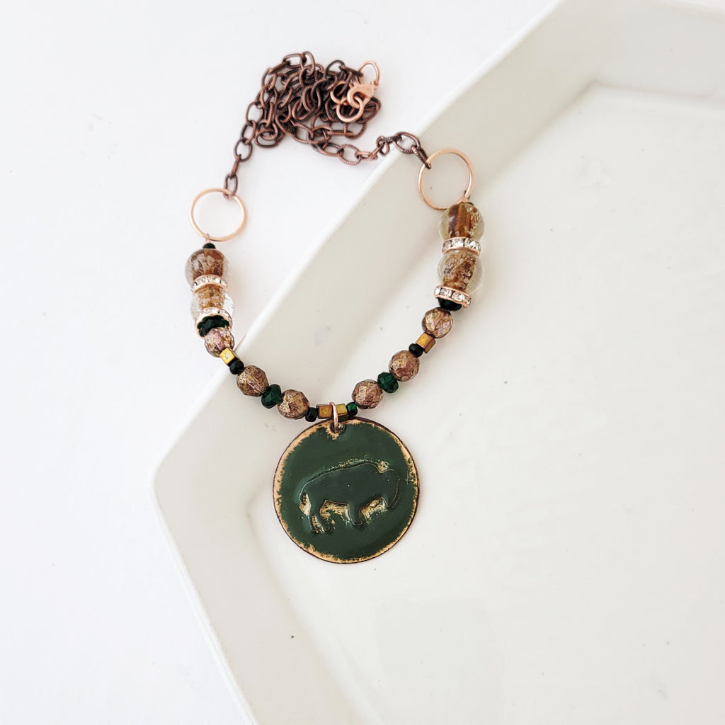 Bison on the Green II - One of a Kind Enamel and Beaded Necklace
