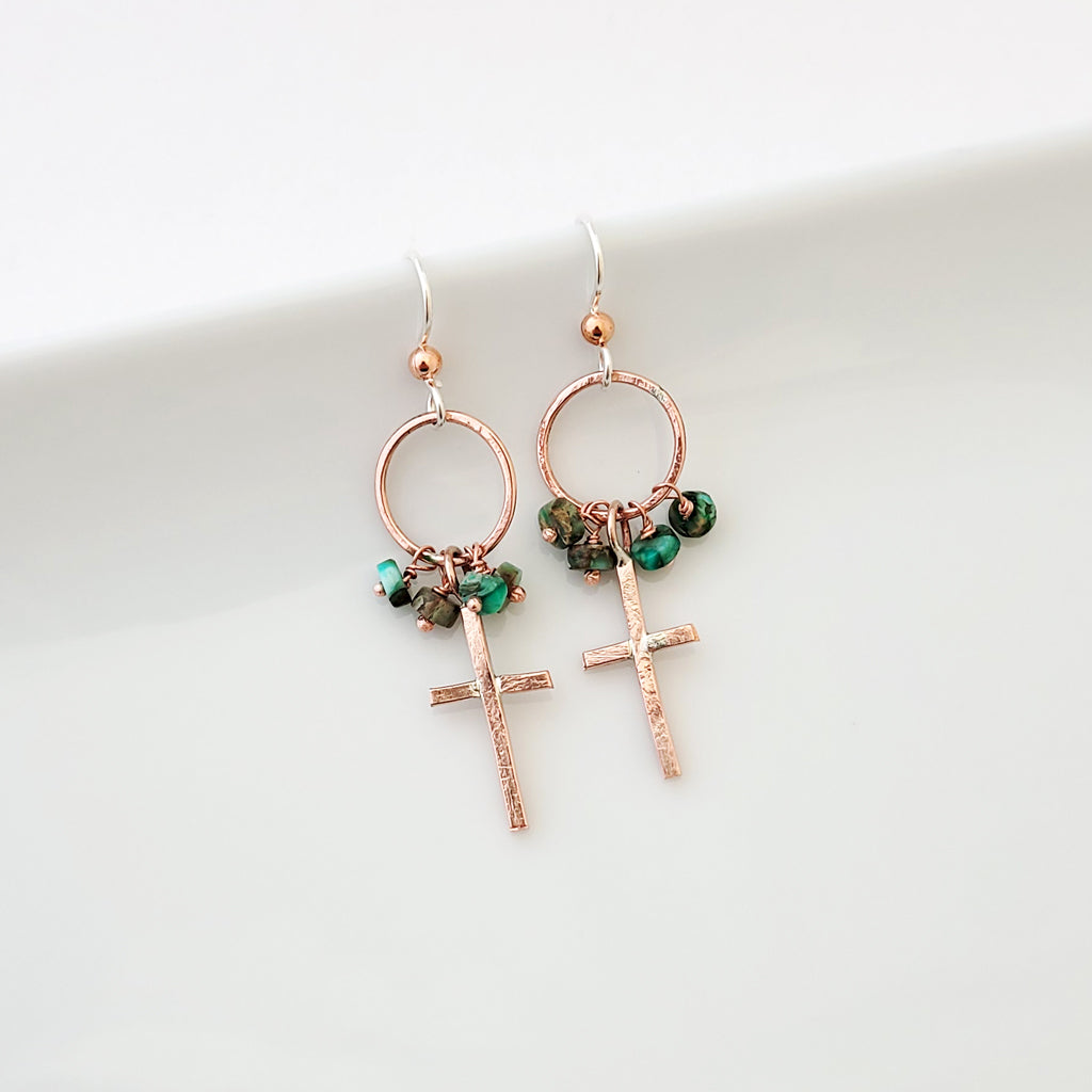 Copper Cross Drop with Jasper - Earrings