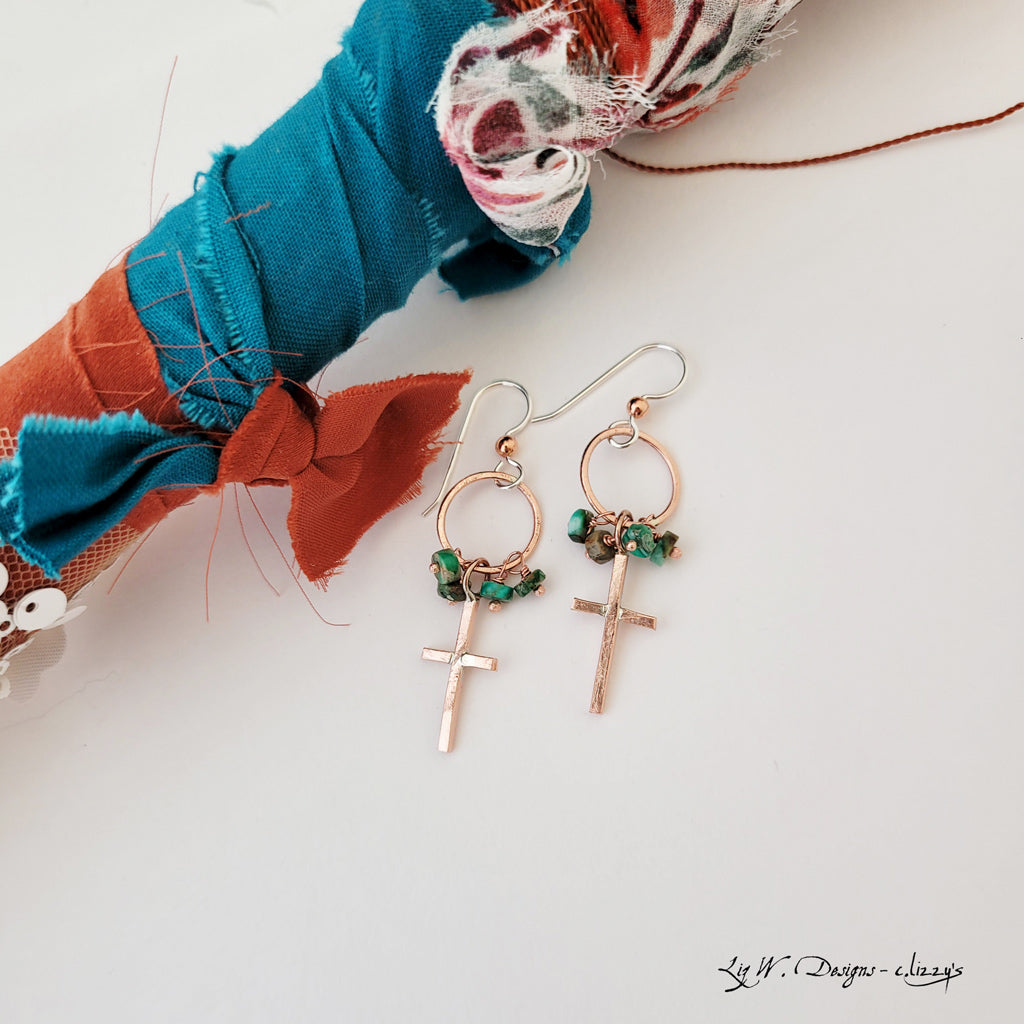 Copper Cross Drop with Jasper - Earrings
