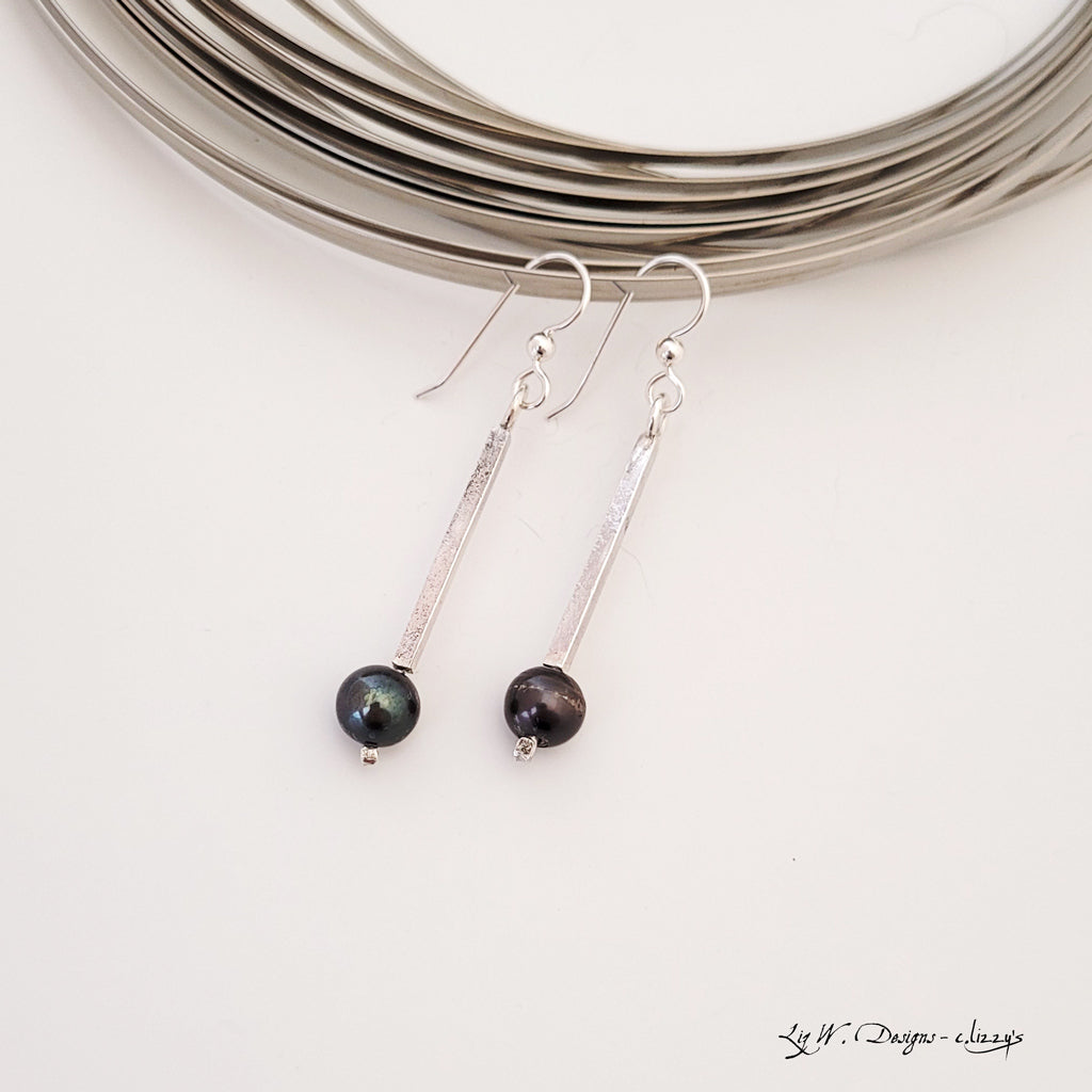 Iridescent Gray Freshwater Pearl Vertical Bar Drop - Earrings