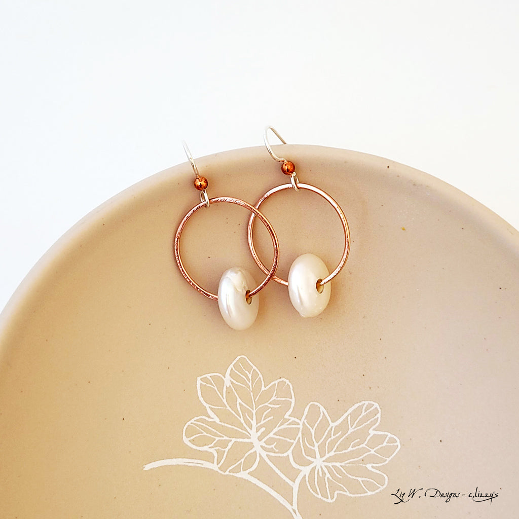 Freshwater Pearl Swing - Handmade Freshwater Pearl and Copper Earrings