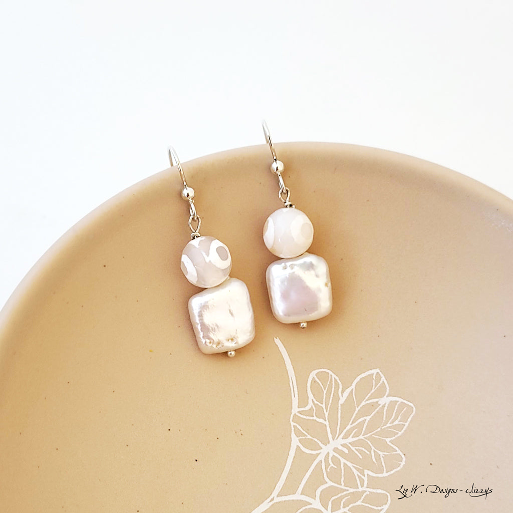 Summer Whites - Handmade Freshwater Pearl and Agate Earrings