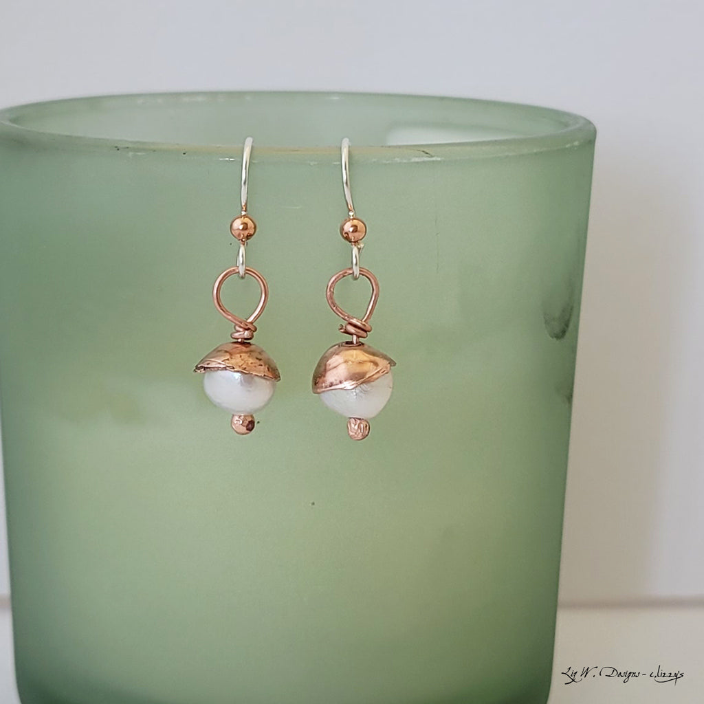 Patina and Pearl Petite Petal Drop - Earrings