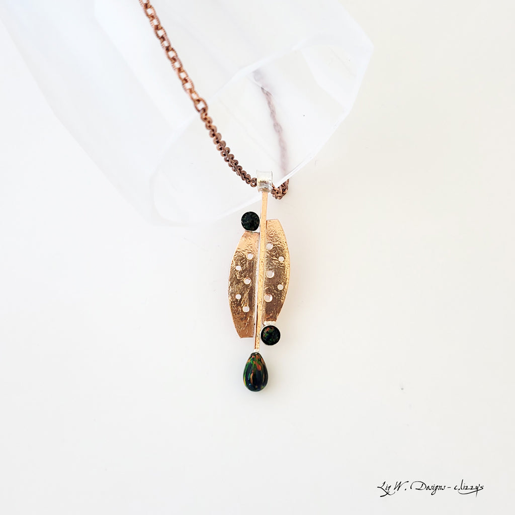 Fire Black Opal Drop - One of a Kind Copper Necklace