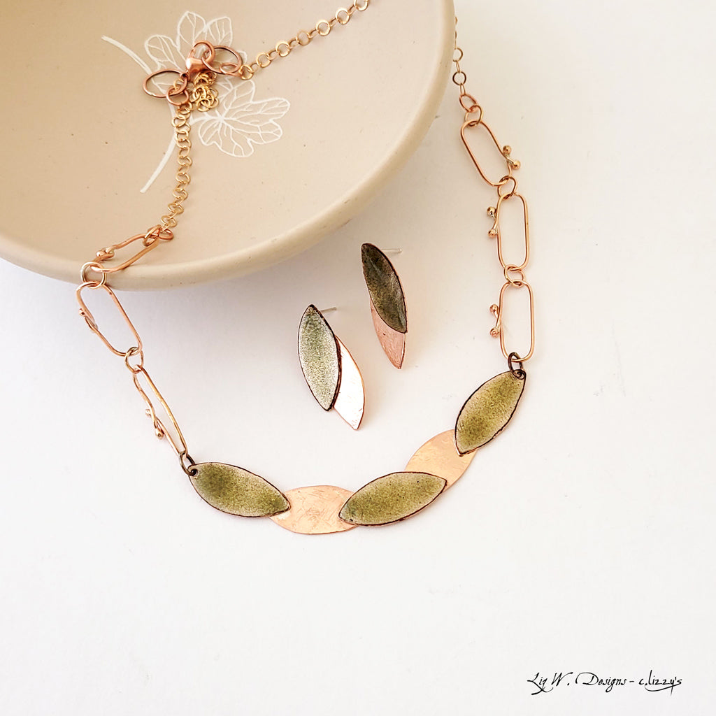 Leaf Silhouette Path in Olive - One of a Kind Copper and Enamel Necklace
