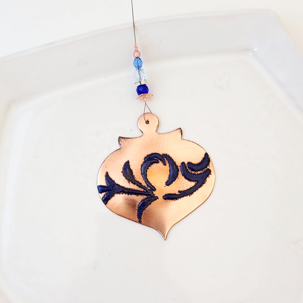 Flourish in Blue - Copper Holiday Bell Ornament