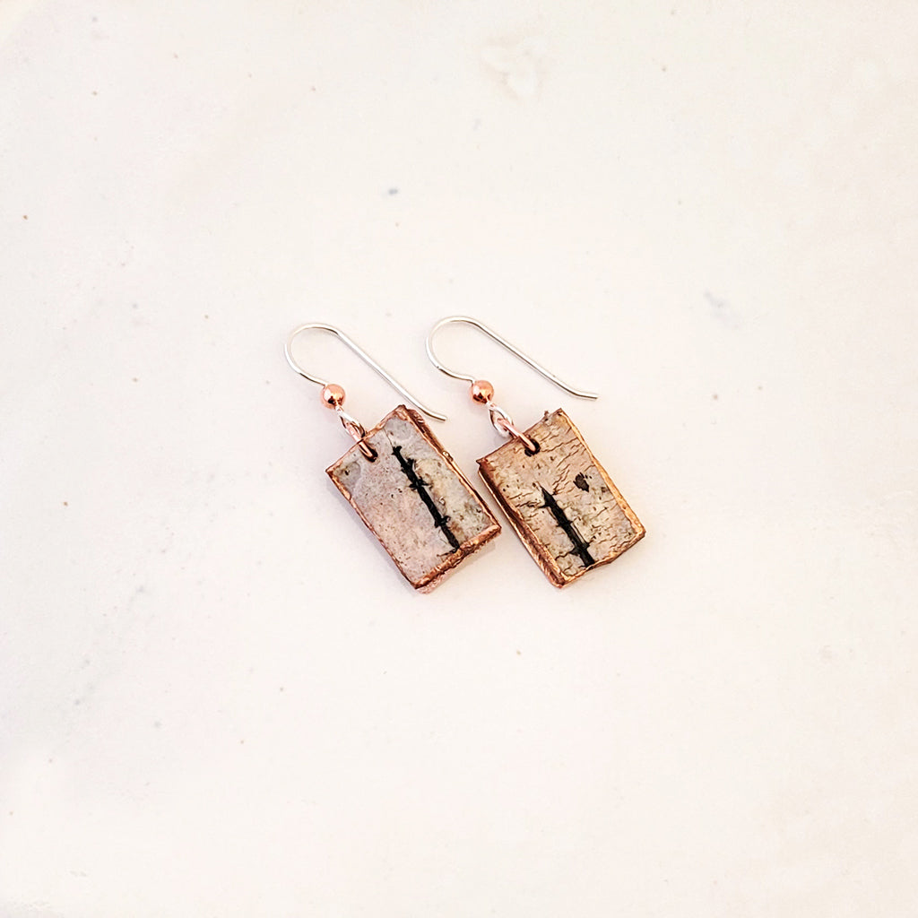 Gathered Birch on Copper Rectangle - Handmade Earrings