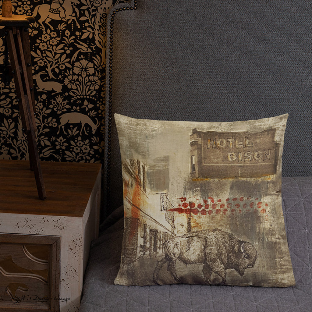 Hotel Bison I - Artful, Decorative Throw Pillow with bison roaming under Hotel Bison sign in abstract downtown setting. Original art on pillow.