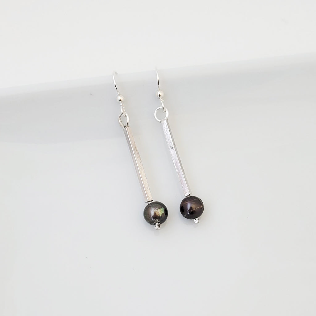 Iridescent Gray Freshwater Pearl Vertical Bar Drop - Earrings
