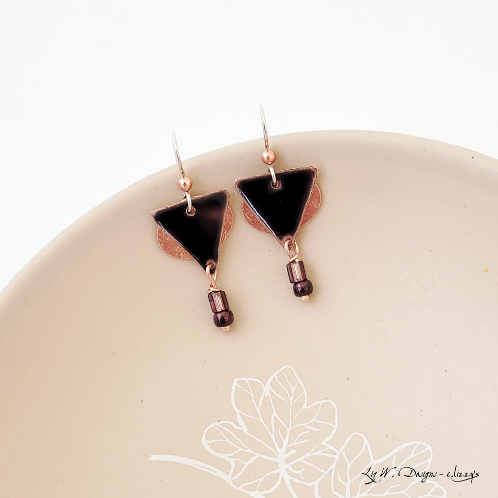 Magenta Triangle Drop - Handmade Copper Earrings