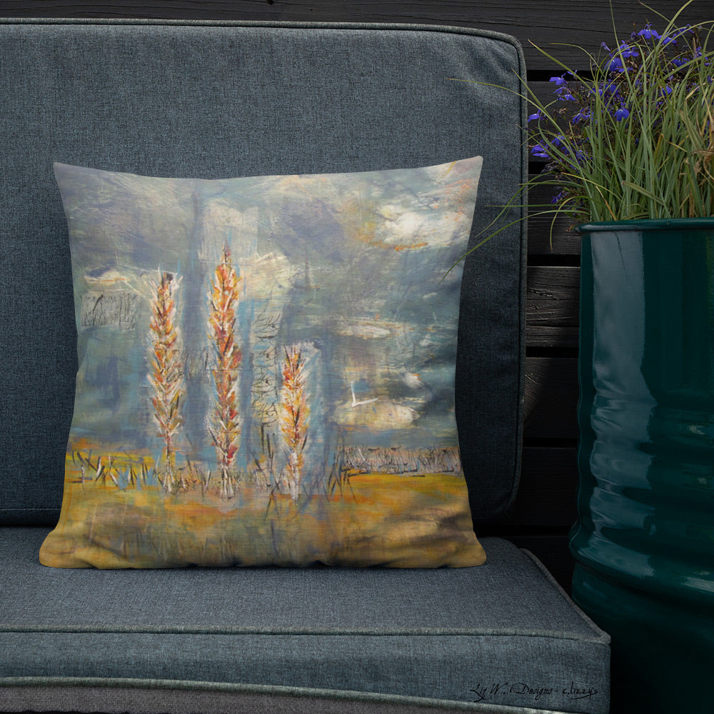 Prairie Poplars - Artful, Decorative Throw Pillow with blue skies above prairie landscape and tall poplar trees. Original art on pillow.