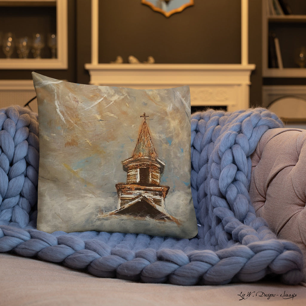 Steeple on the Horizon I - Artful, Decorative Throw Pillow with cloud and blue skies above country church steeple. Original art on pillow.