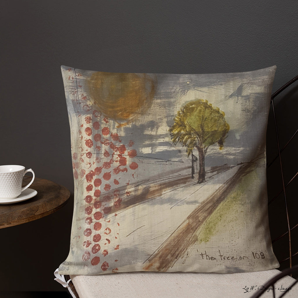 The Tree on 108 - Artful, Decorative Throw Pillow with blue skies above lake country highway by the tree on 108 in Minnesota. Original art on pillow.