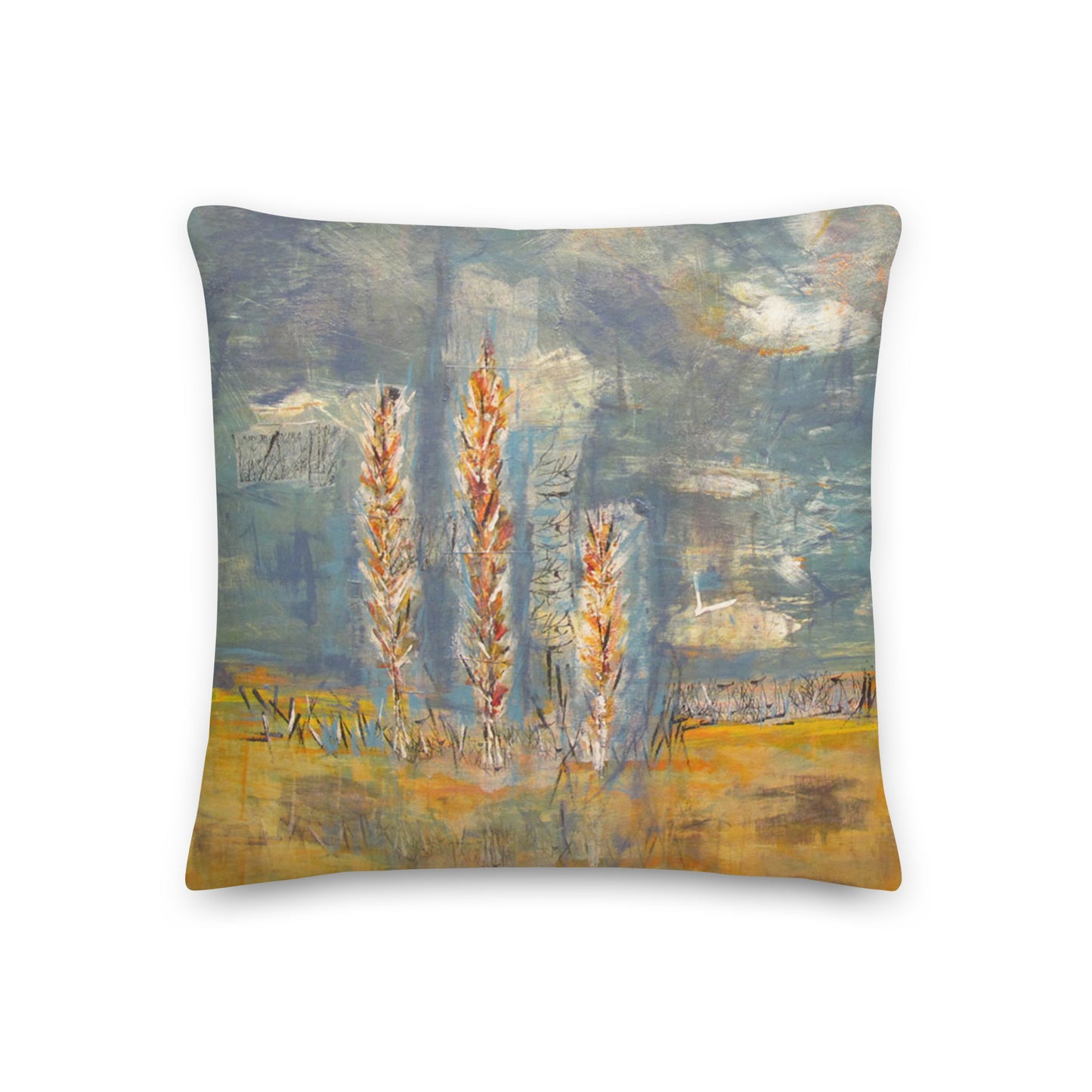 Prairie Poplars - Artful, Decorative Throw Pillow with blue skies above prairie landscape and tall poplar trees. Original art on pillow.