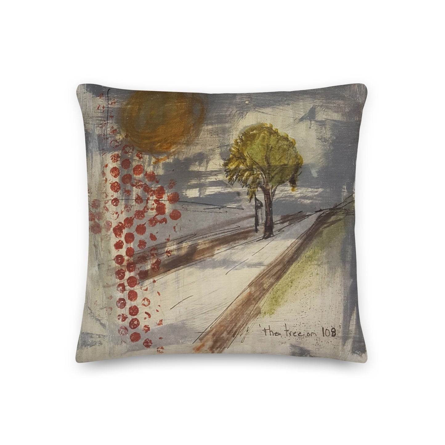 The Tree on 108 - Artful, Decorative Throw Pillow with blue skies above lake country highway by the tree on 108 in Minnesota. Original art on pillow.