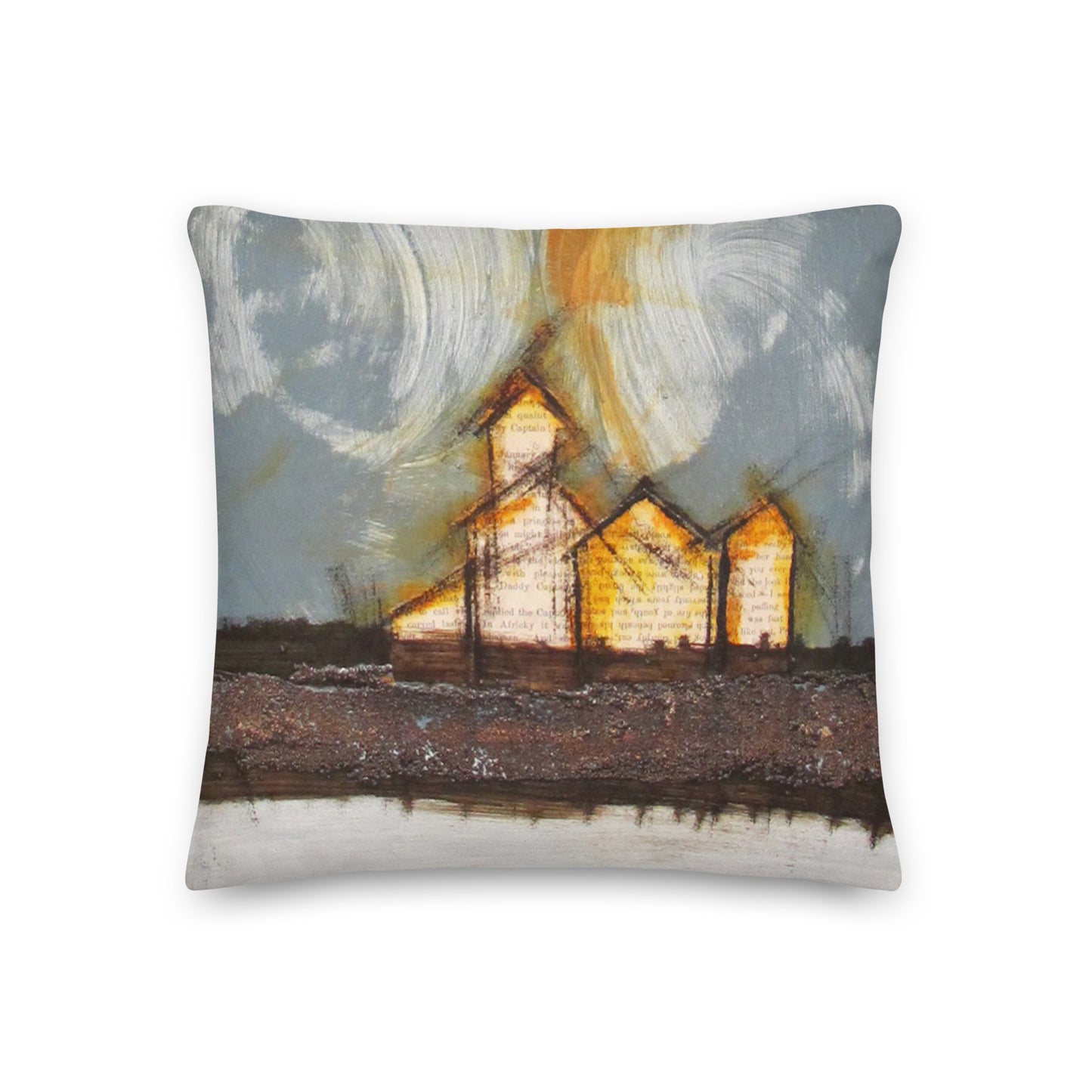 Beauty in the Sky Above I - Artful, Decorative Throw Pillow with blue skies above prairie landscape and elevators and grain sheds. Original art on pillow.