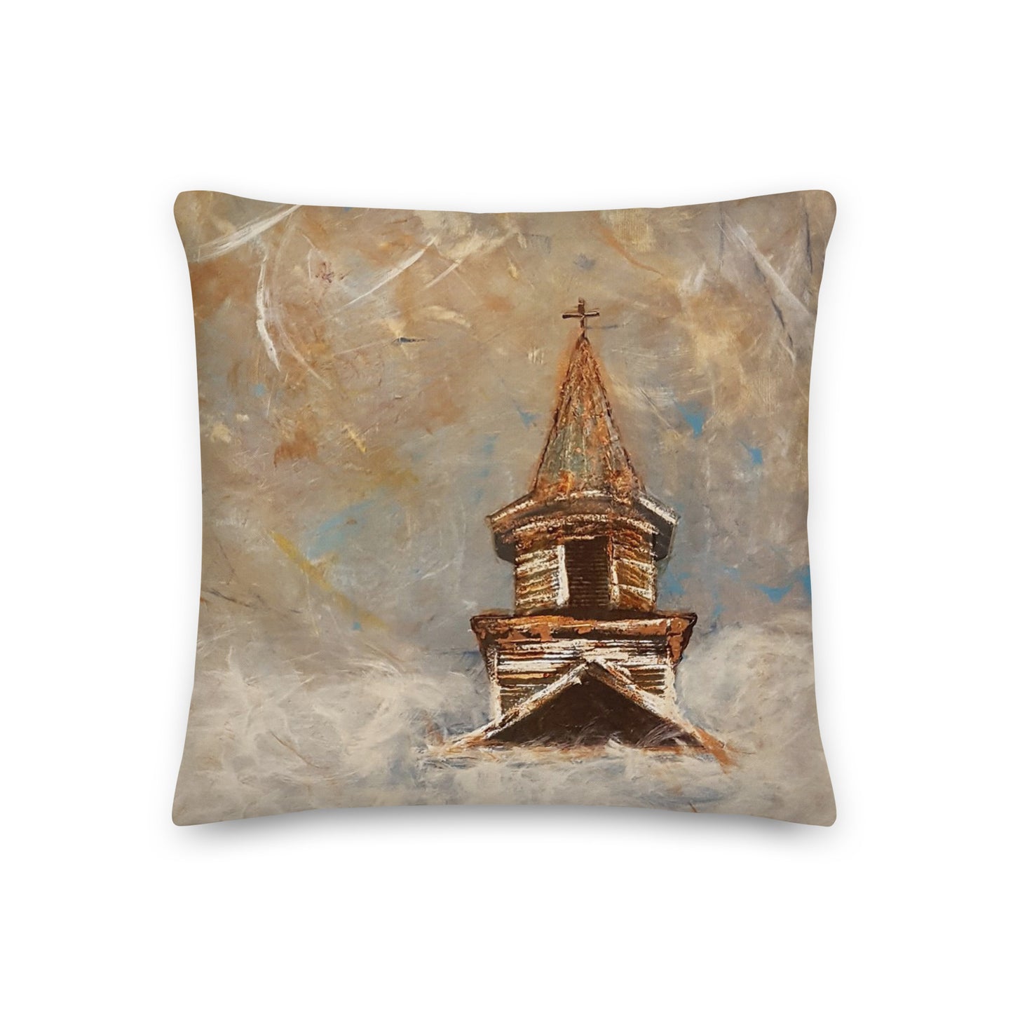 Steeple on the Horizon I - Artful, Decorative Throw Pillow with cloud and blue skies above country church steeple. Original art on pillow.