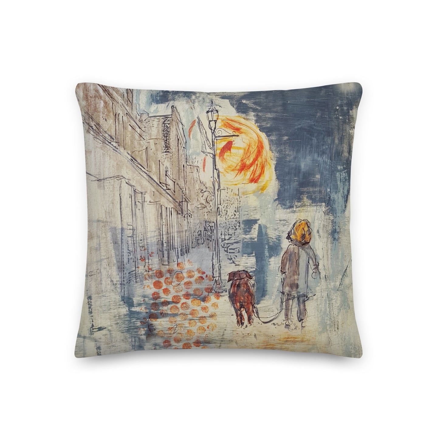 A Walk with My Friend - Artful, Decorative Throw Pillow with lady walking brown dog on downtown sidewalk. Original art on pillow.