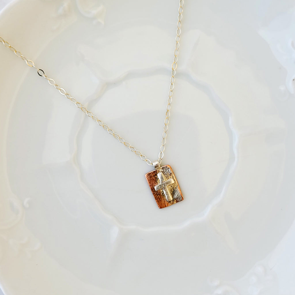 Sterling Cross on Copper Rectangle - Necklace