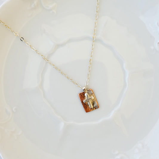 Sterling Cross on Copper Rectangle - Necklace