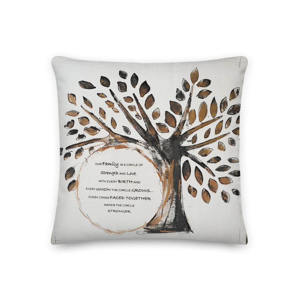 Our Family - Artful, Decorative Throw Pillow with "our family is a circle" saying nestled by an oak tree on off-white background. Original art on pillow.