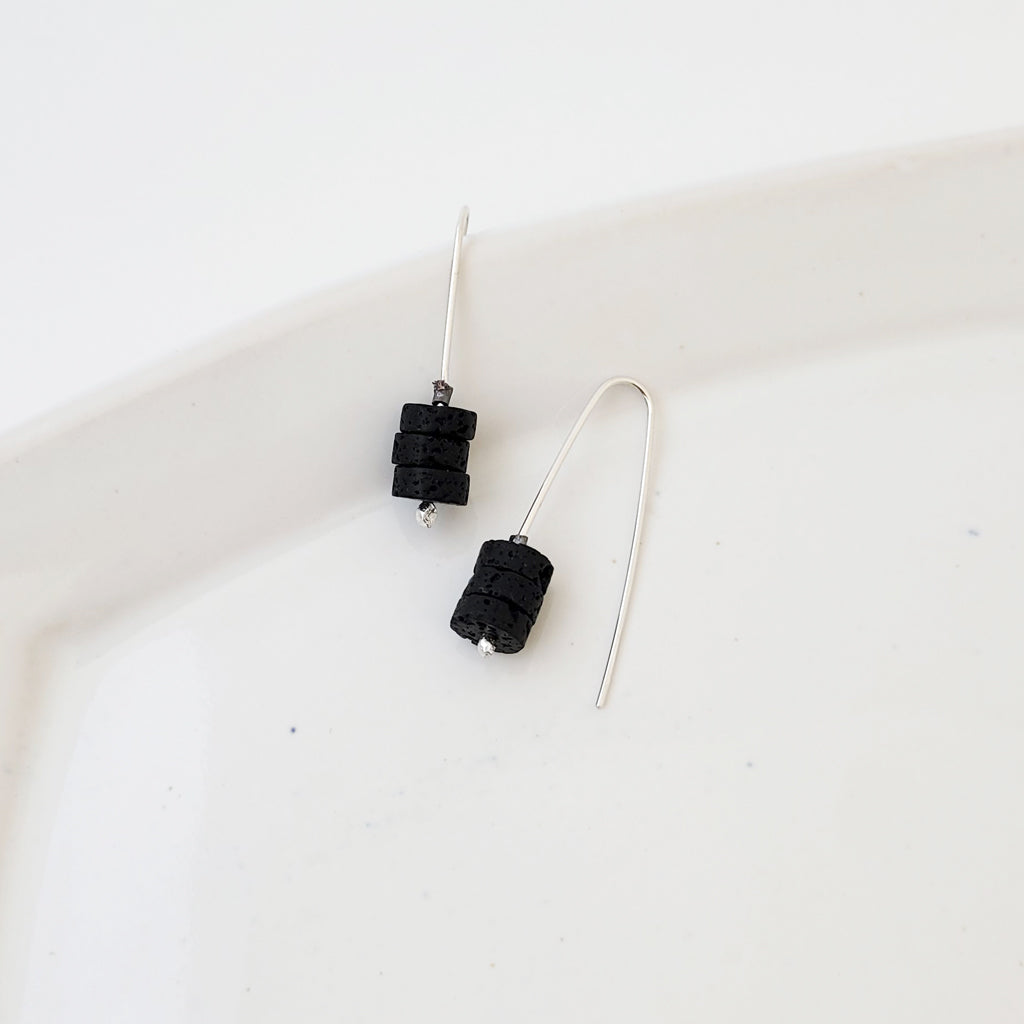 Agate Stack in Charcoal Cylinders - Handmade Sterling Earrings