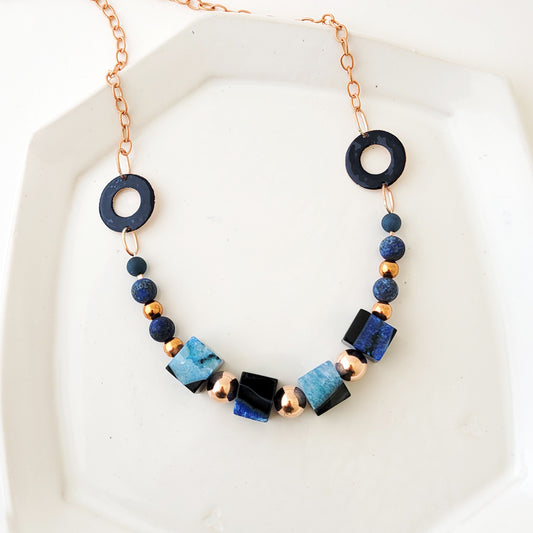 Around the Blue Block - One of a Kind Enamel and Bead Necklace