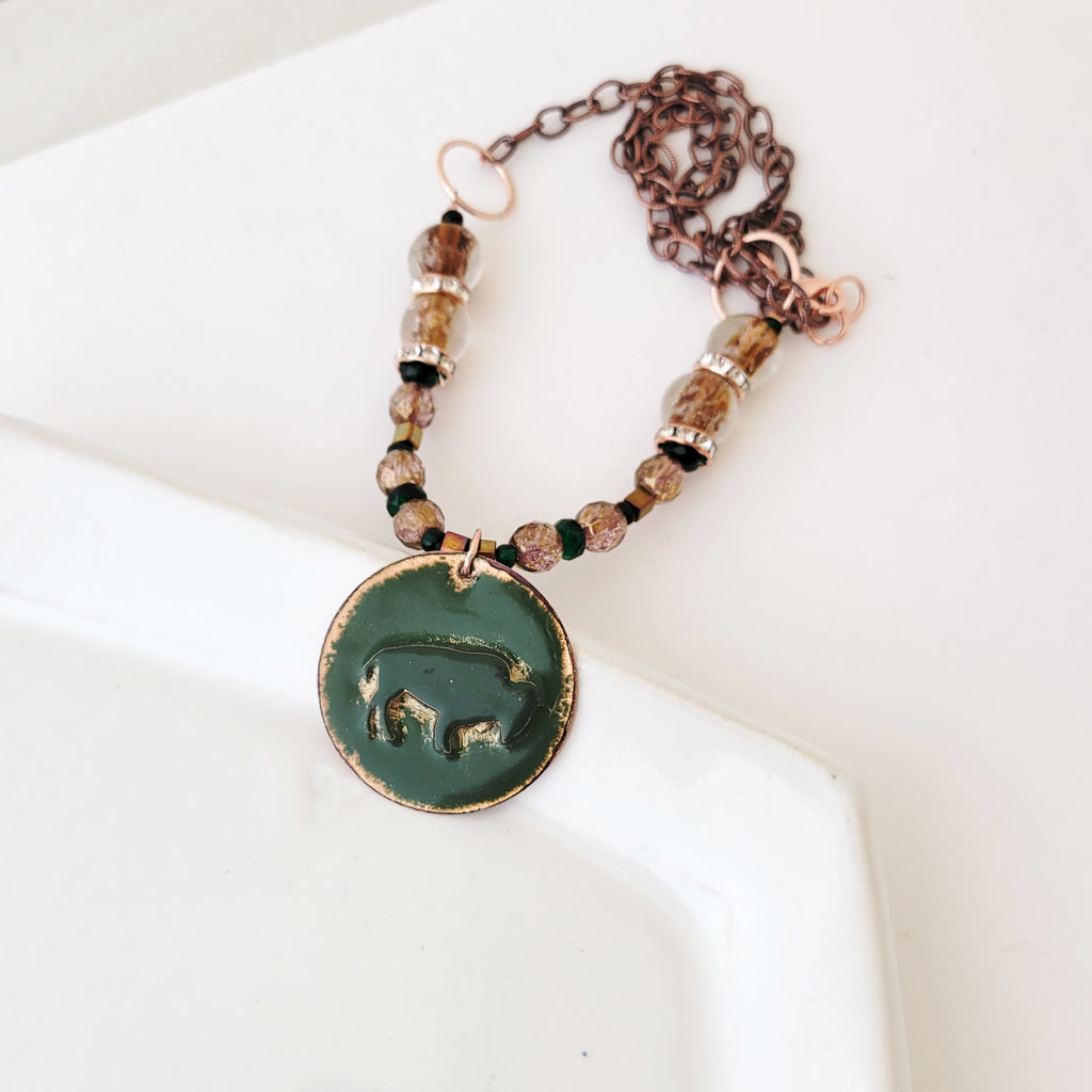 Bison on the Green II - One of a Kind Enamel and Beaded Necklace