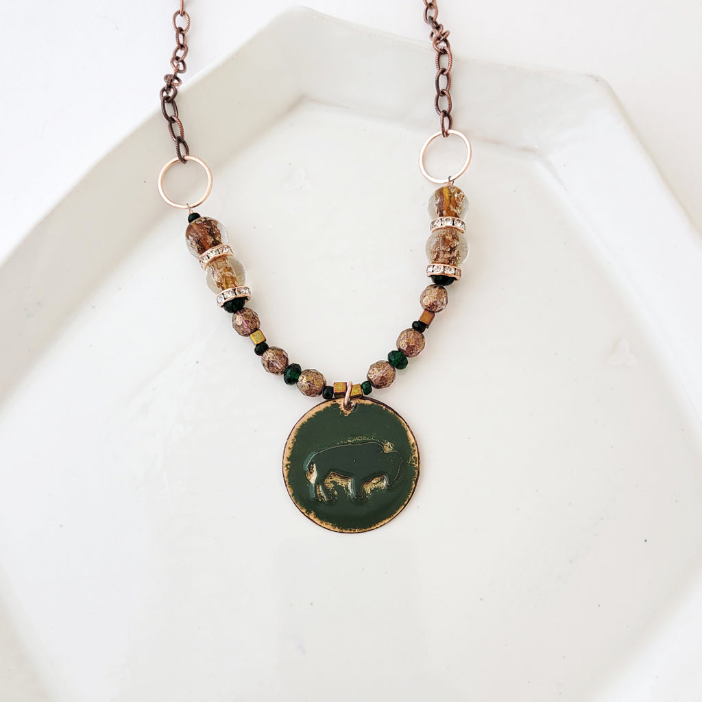 Bison on the Green II - One of a Kind Enamel and Beaded Necklace