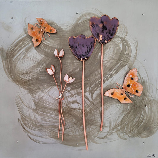 Blooms and Flutters I - Metal and Enamel Artwork
