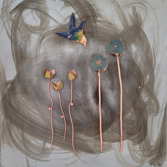 Blooms and Flutters II - Metal and Enamel Artwork