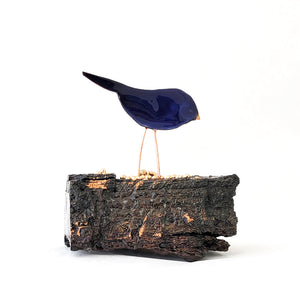 Cobalt blue enamel on copper, handmade birdie on cottonwood bark.