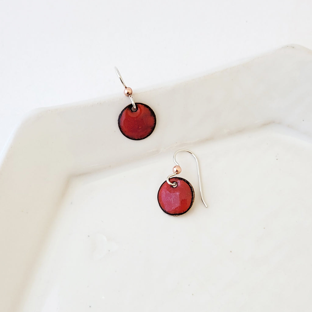 Color Drop in Ruby Red - Handmade Copper Earrings