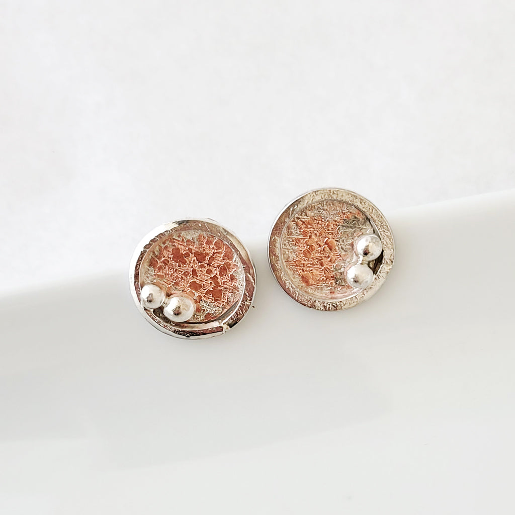 Contemporary Patterned Copper Circle with Sterling - Post Earrings