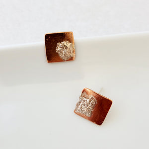 Contemporary Textured Copper Square with Sterling Overlay - Post Earrings