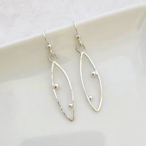 Handmade earrings of sterling silver modern leaf shape with sterling silver dew drops