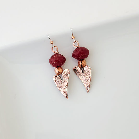 Etched Heart Drop with Red - Earrings