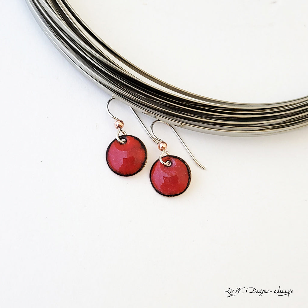 Color Drop in Ruby Red - Handmade Copper Earrings