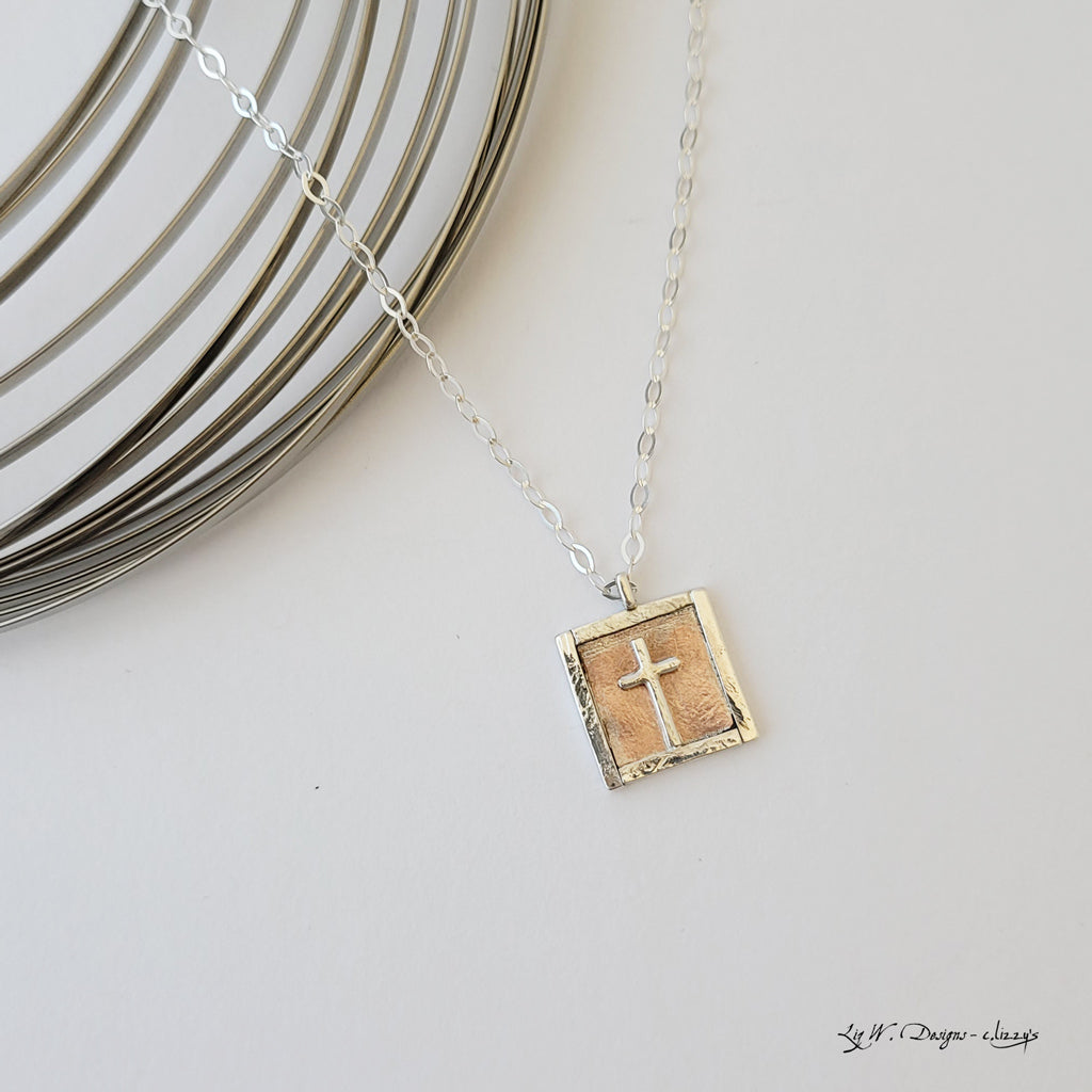 Sterling Silver Cross Necklace.  Silver cross on copper.  Faith.