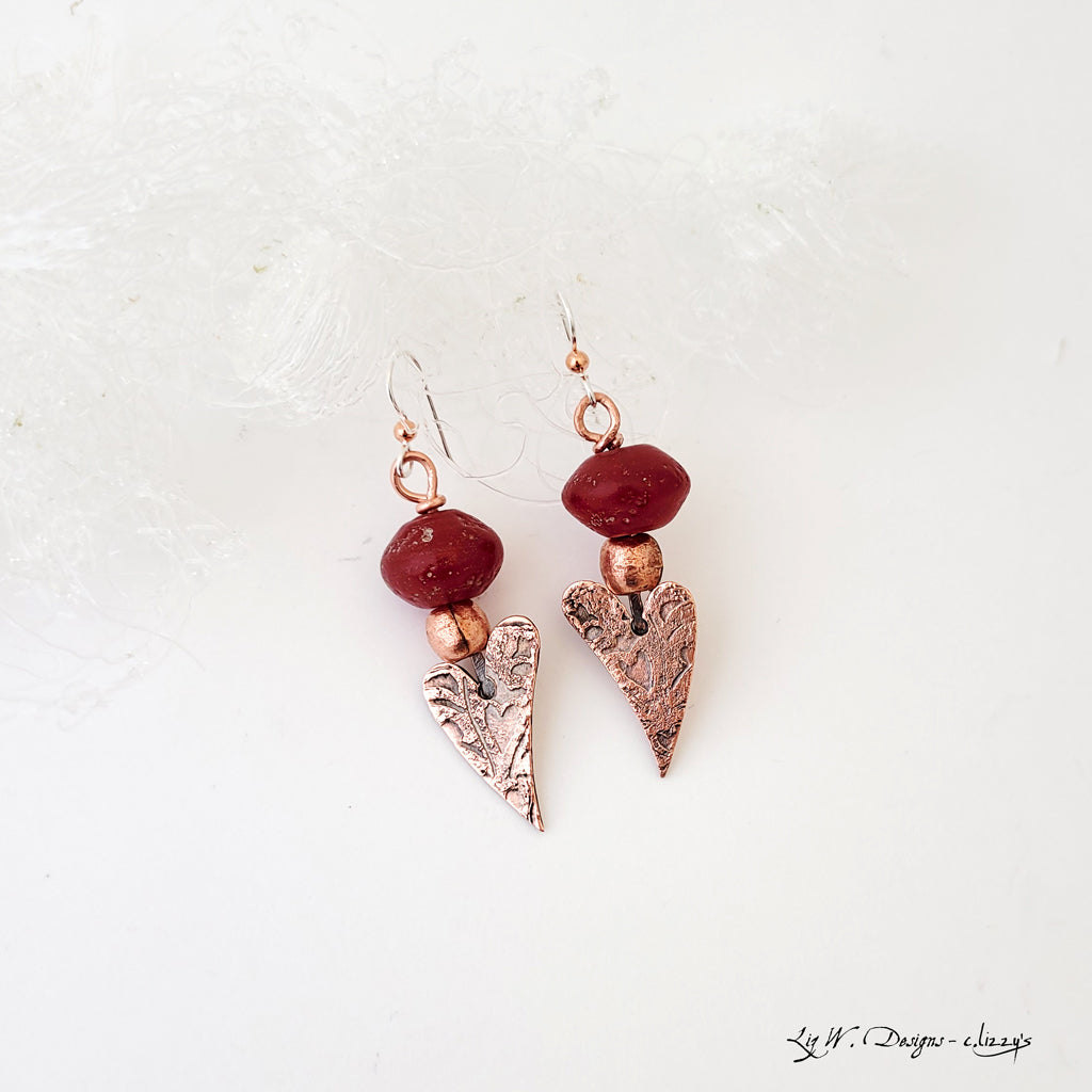 Etched Heart Drop with Red - Earrings