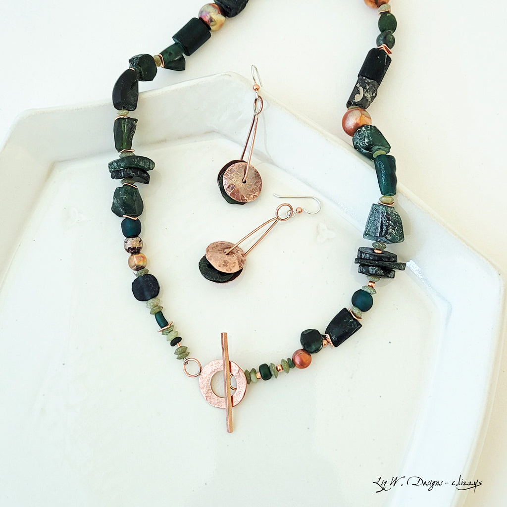 Green Cobblestone Path - One of a Kind Copper and Roman Glass Necklace