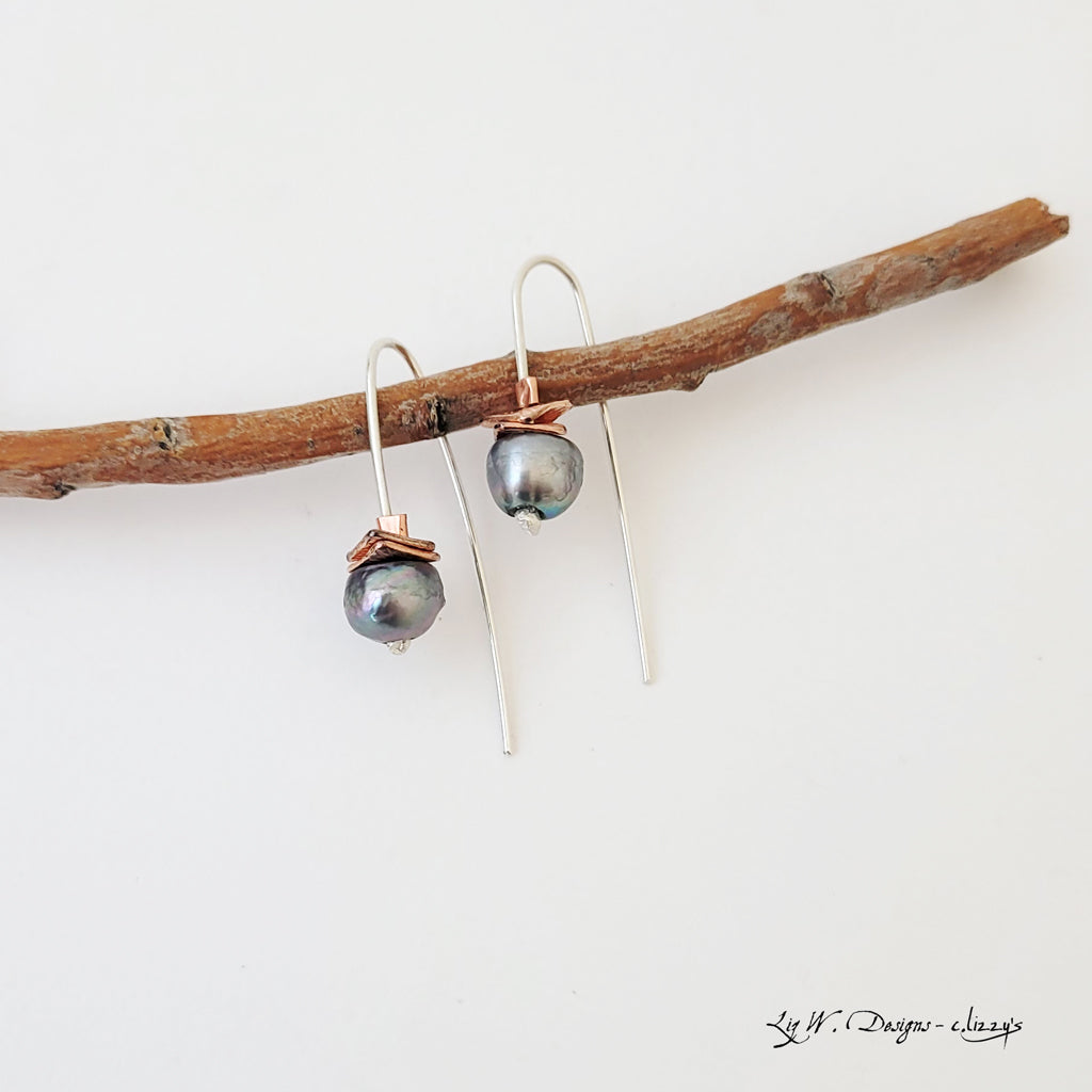 Iridescent Pearl and Copper Stack - Handmade Sterling Earrings