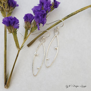 Handmade earrings of sterling silver modern leaf shape with sterling silver dew drops