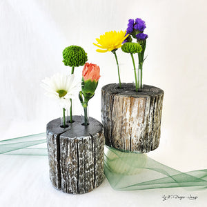 Three bud vase on found weathered wood with light white wash.