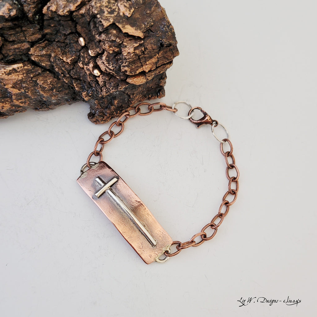 Sterling Silver Cross on Copper - Bracelet