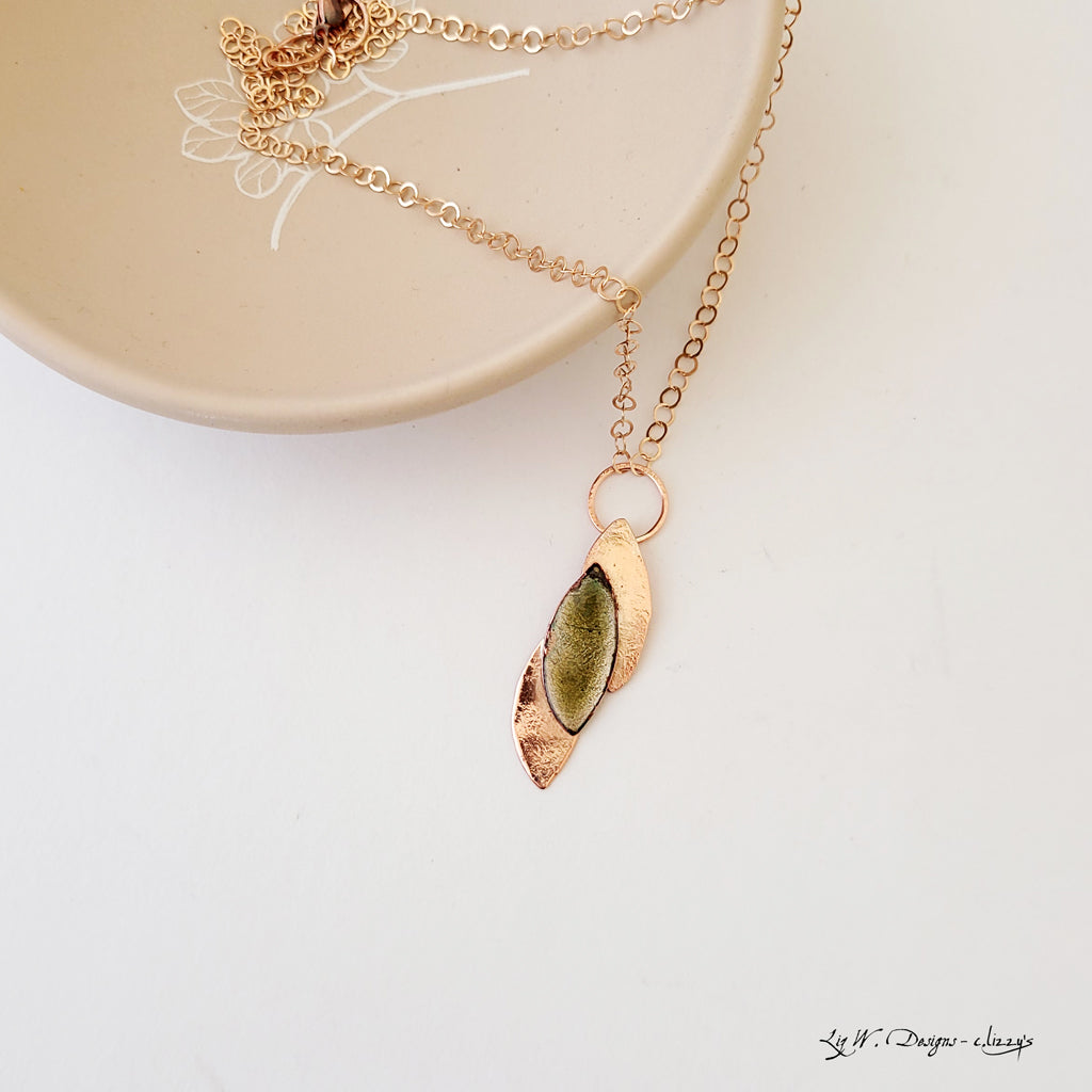 Leaf Silhouette Drop in Olive - Handmade Copper and Enamel Necklace
